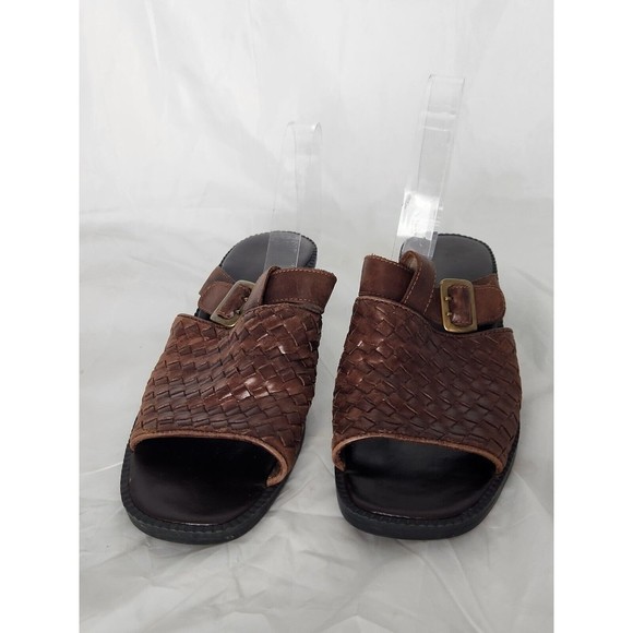 Square Heel Open Toe Leather Woven Upper Shoes Women’s Size 8.5‎ Brown Buckle - Picture 2 of 14